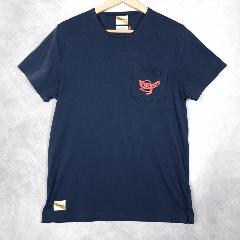 Tracksmith Shirt Mens Medium Blue Short Sleeve Pocket Lion Graphic Running